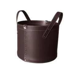 Designer Holzkorb Tonda Mini Dunkel-Braun Aus Regeneriertem Leder Mit Rollen