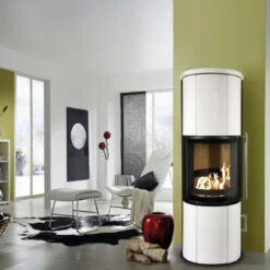 Nexus Aqua 180° Panorama Wasser Kaminofen 7+4 KW Weiß Kacheln