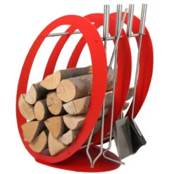 Designer Ovale Holzablage Mit Kaminbesteck Rot