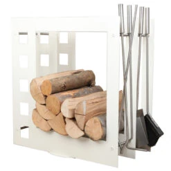 Designer Quadratische Holzablage Mit Kaminbesteck Weiß